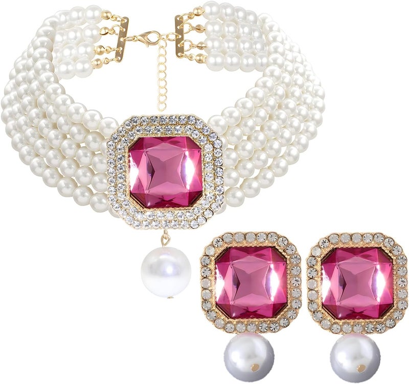 CIOOU Pearl Choker Necklace for Women Gold Crystal Rhinestone Pearl Collar Statement Necklaces Earrings Bridal Pearls Diamond jewelry Set for Wedding - Image 1